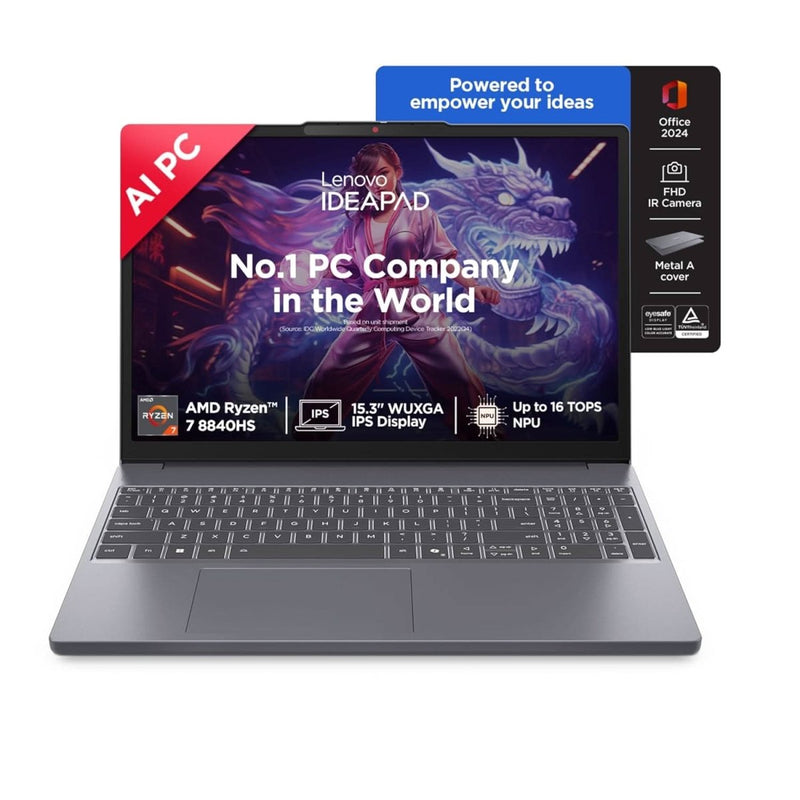 Lenovo IdeaPad Slim 3 AMD Ryzen 7 8840HS, 16GB, 512GB SSD, Integrated AMD Radeon 780M Graphics, 15.3 Inch WUXGA IPS, Win 11, MS Office 2024, Luna Grey, 83KA0048IN - SWIFT PERIPHERALS1096669
