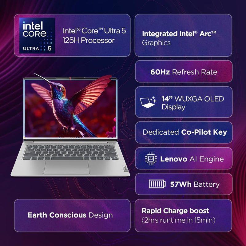 LENOVO IDEAPAD SLIM 5 INTEL CORE ULTRA 5 125H BUILT - IN AI 14 INCH (35.5CM) WUXGA - OLED 400NITS THIN & LIGHT LAPTOP (16GB/1TB SSD/WIN 11/OFFICE 21/FHD+IR CAMERA/ALEXA/3 MON GAMEPASS/GREY/1.4KG), 83DA003GIN - SWIFT PERIPHERALSLenovo123