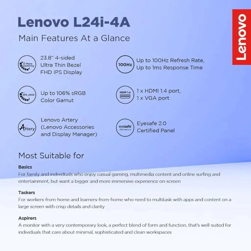 Lenovo L24i‑4A 23.8″ 100 Hz 1 ms FHD IPS Monitor Dual 3 W Speakers - SWIFT PERIPHERALSL24I-4A