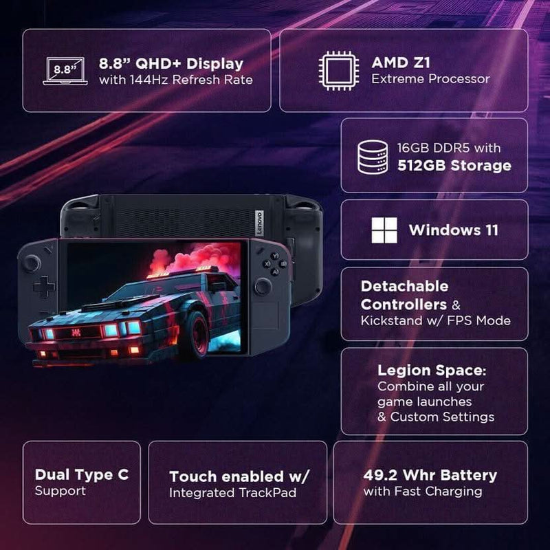 Lenovo Legion Go AMD Ryzen Z1 Extreme, 16GB, 512GB SSD, AMD Radeon Graphics, 8.8 Inch WQXGA, Win 11 Home, Shadow Black, 83E1004MIN - SWIFT PERIPHERALS1096913