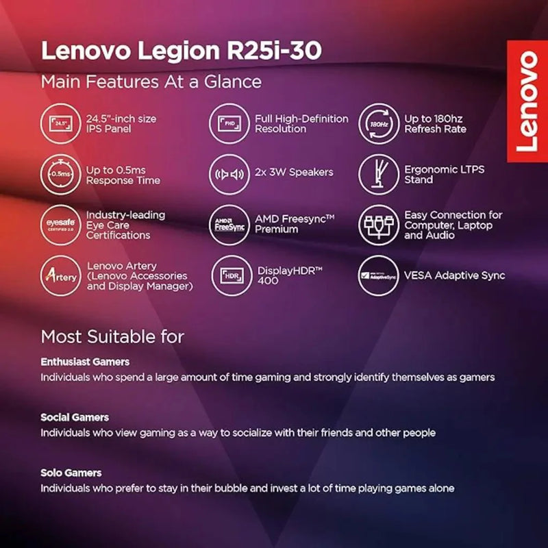 Lenovo Legion R25i‑30 24.5″ 180Hz IPS FHD 180Hz Gaming Monitor - SWIFT PERIPHERALSR25i-30