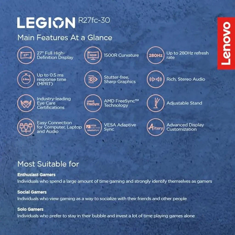 Lenovo Legion R27fc‑30 27″ 280 Hz 0.5 ms Curved FHD Gaming Monitor - SWIFT PERIPHERALSR27fc‑30