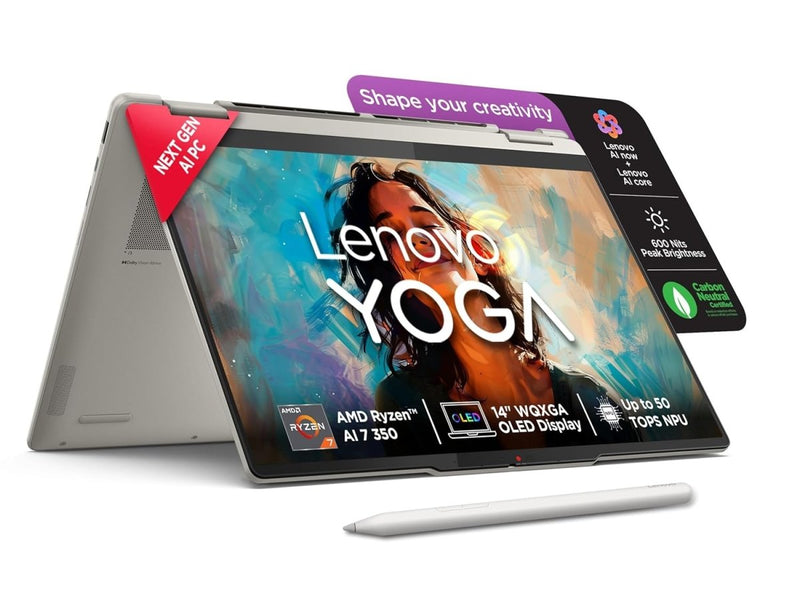 LENOVO YOGA 7 2 - IN - 1 AMD RYZEN AI 7 350 (24GB RAM/1TB SSD/14 (35.5CM)/WUXGA OLED/50 TOPS NPU/COPILOT+ PC/WINDOWS 11/OFFICE HOME 2024/YOGA PEN/1YR ADP/SEASHELL/1.38KG), 83JR001EIN CONVERTIBLE LAPTOP - SWIFT PERIPHERALS1095156