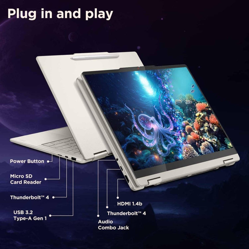 LENOVO YOGA 7 2 - IN - 1 INTEL EVO CORE ULTRA 5 226V (16GB RAM/1TB SSD/14 (35.5CM)/WUXGA OLED/COPILOT+ PC/WINDOWS 11/OFFICE HOME 2024/YOGA PEN/1YR ADP/SEASHELL/1.38KG), 83JQ000XIN CONVERTIBLE LAPTOP - SWIFT PERIPHERALS83JQ000XIN