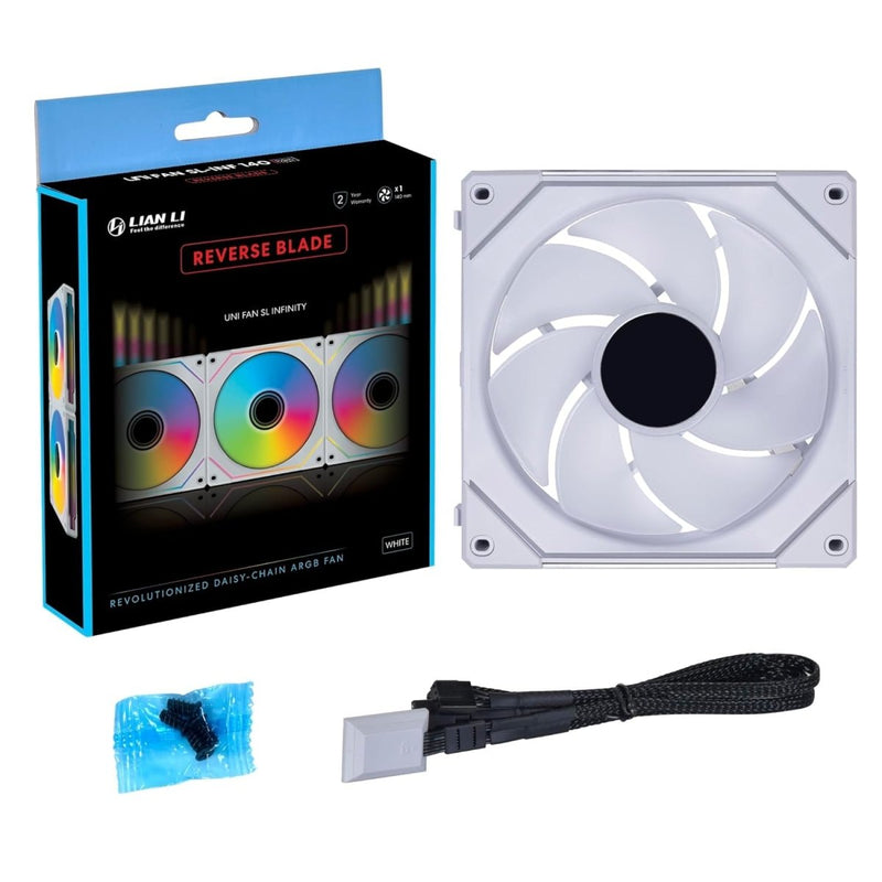 LIAN LI UNI FAN SL - INF REVERSE BLADE 140 INFINITY MIRROR 140MM ARGB SINGLE PACK CASE FAN - WHITE G99.14RSLIN1W.IN - SWIFT PERIPHERALS1092148