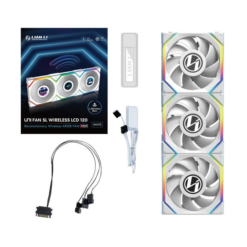 LIAN LI UNI FAN SL WIRELESS LCD 3 X 120MM KIT CASE FAN I COOLER - WHITE I G99.12SLLCD1W3W.IN - SWIFT PERIPHERALS1094412