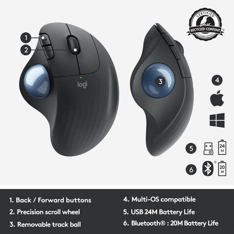 Logitech Ergo M575 Wireless Bluetooth Trackball Mouse for Windows and Mac - Black - SWIFT PERIPHERALS910-005873