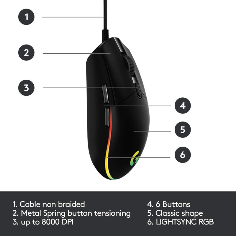 Logitech G102 Lightsync RGB Wired Optical Gaming Mouse - Black - SWIFT PERIPHERALS910-005802