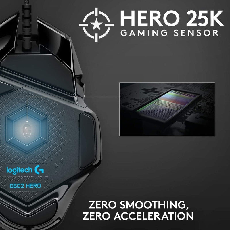 Logitech G502 Hero Wired 25K Sensor Gaming Mouse with Adjustable DPI Up to 25600 On - Board Memory and 11 Programmable Buttons - SWIFT PERIPHERALS910-005472