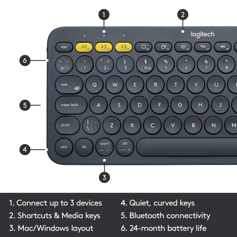 Logitech K380 Bluetooth Wireless Multi - Device Black Keyboard with Up to 3 Devices Connectivity and 2 Year Battery Life - SWIFT PERIPHERALS920-007596
