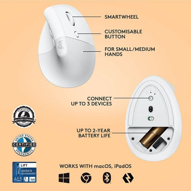 LOGITECH LIFT VERTICAL ERGONOMIC MOUSE WIRELESS PALEGREY - SWIFT PERIPHERALS1086375