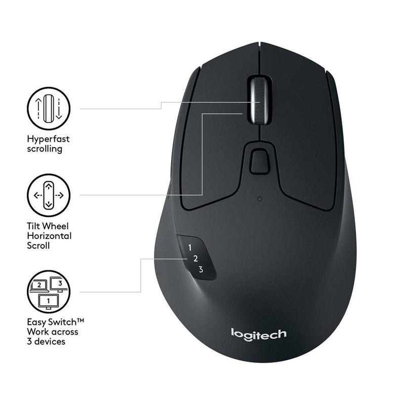 Logitech M720 Triathlon Multi - Device Optical 2.4 GHz Wireless Bluetooth Mouse - Black - SWIFT PERIPHERALSM720