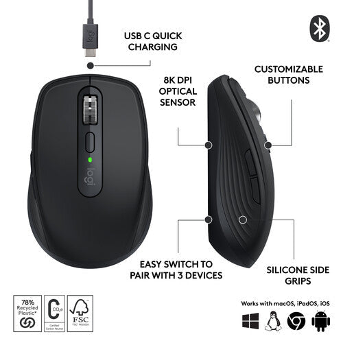 Logitech Master Series MX Anywhere 3S 8000 DPI Compact Wireless Mouse - Graphite - SWIFT PERIPHERALS910-006932