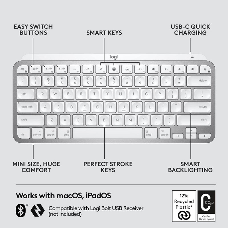 Logitech MX Keys Mini for Mac Minimalist Wireless Illuminated Keyboard - Pale Gray - SWIFT PERIPHERALS920-010528