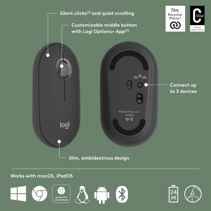 LOGITECH PEBBLE MOUSE 2 M350S SLIM BLUETOOTH WIRELESS MOUSE GRAPHITE - SWIFT PERIPHERALS1091979