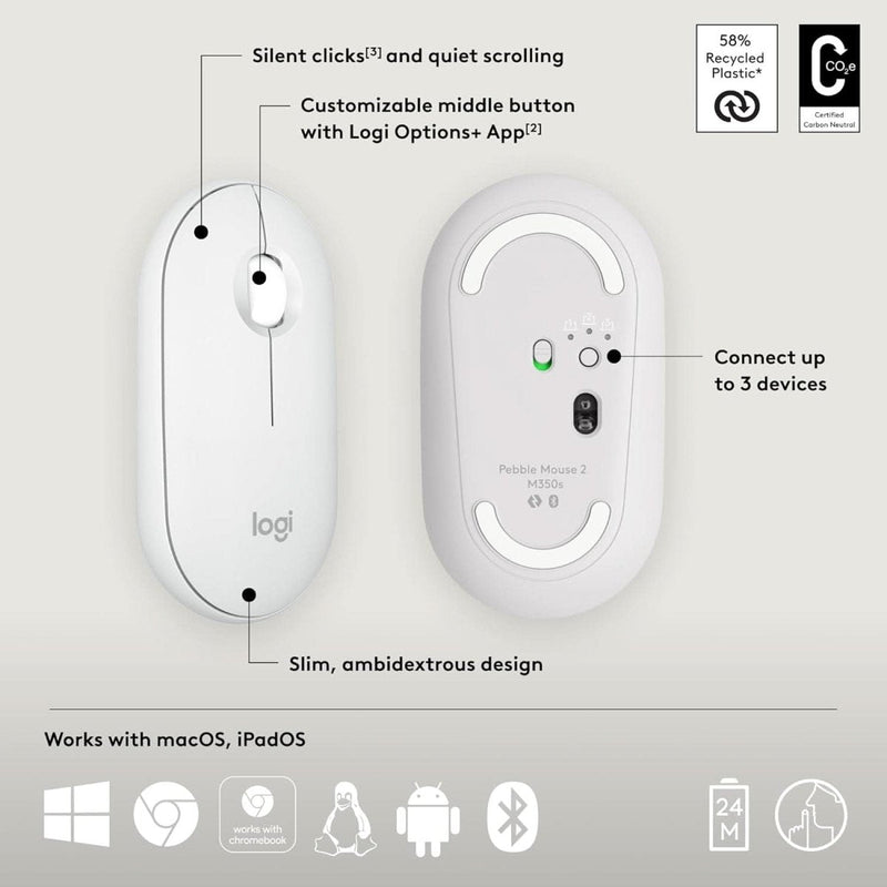 LOGITECH PEBBLE MOUSE 2 M350S SLIM BLUETOOTH WIRELESS MOUSE WHITE - SWIFT PERIPHERALS1093319