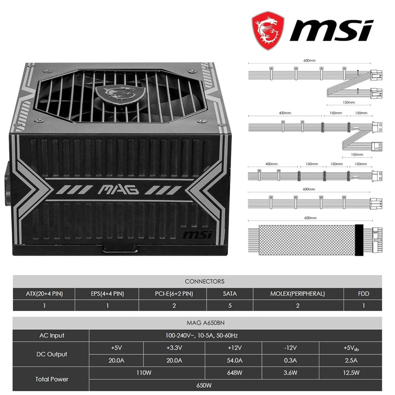 MSI 650W MAG A650BN 80 PLUS BRONZE NON MODULAR SMPS - SWIFT PERIPHERALS1082562