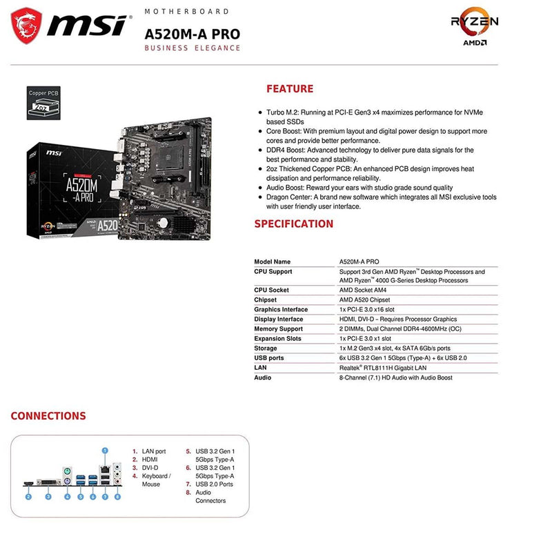 MSI A520M - A PRO AMD AM4 mATX Motherboard with Core Boost and Audio Boost - SWIFT PERIPHERALSA520M-A PRO