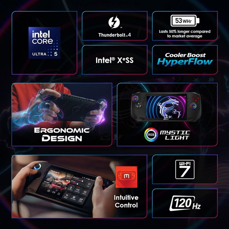 MSI CLAW, INTEL 1ST GEN. ULTRA 5 135H,BUILT - IN AI, 18CM FHD 120HZ HANDHELD GAMING CONSOLE(16GB/512GB NVME SSD/WINDOWS 11 HOME/INTEL ARC/BLACK/675G), A1M - 219IN - SWIFT PERIPHERALS1094477