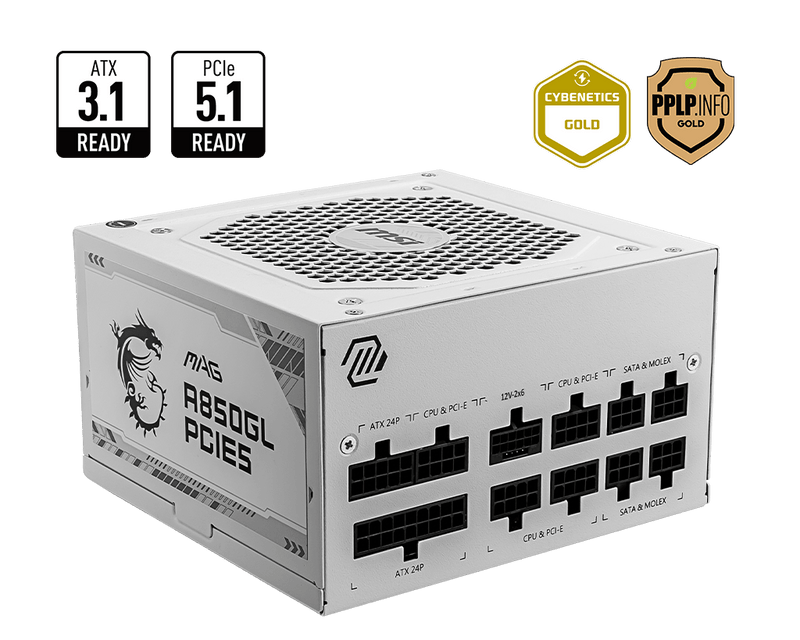 MSI MAG A850GL PCIE5 ATX 3.1 GOLD FULLY MODULAR SMPS WHITE - SWIFT PERIPHERALS1091776