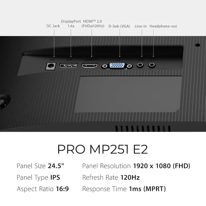 MSI PRO MP251 E2 24.5" 120Hz IPS Full HD Monitor Built‑in Speakers - SWIFT PERIPHERALSMP251-E2