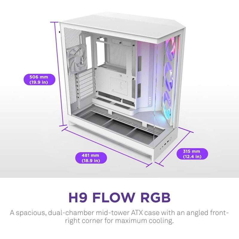 NZXT H9 FLOW RGB (2025) LARGE DUAL - CHAMBER MID - TOWER GAMING CABINET - WHITE (CM - H92FW - R1) - SWIFT PERIPHERALS1093908