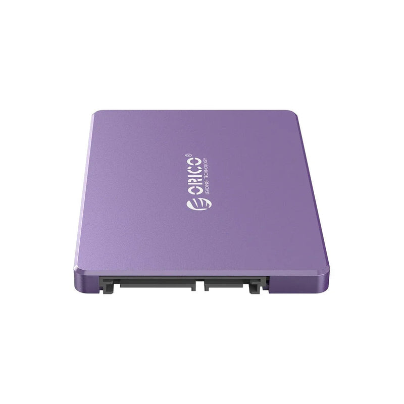 Purple 2.5-inch SATA SSD solid state drive with visible connector, angled on white background