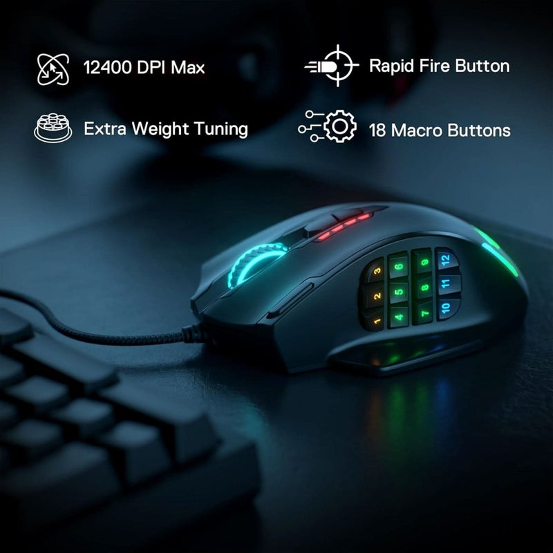 REDRAGON IMPACT M908 RGB LED MMO USB WIRED GAMING MOUSE (BLACK) - SWIFT PERIPHERALS1091538