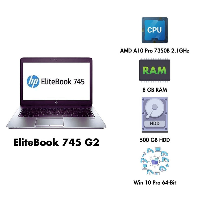 (Refurbished) HP EliteBook 745 G2 14" Laptop AMD A10 Pro 7350B 2.1GHz 8GB RAM 500GB HDD Win 10 Pro - SWIFT PERIPHERALSEliteBook 745