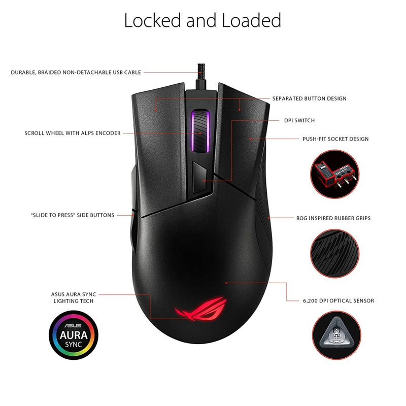 [RePacked] ASUS ROG Gladius II Core RGB Wired Optical Gaming Mouse with 6200 DPI - SWIFT PERIPHERALS90MP01D0-B0UA00-RF
