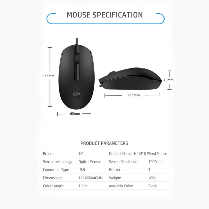 [RePacked] HP M10 Wired USB Optical Ergonomic Mouse with 3 Buttons and 1000DPI - SWIFT PERIPHERALS7YA10PA-RF