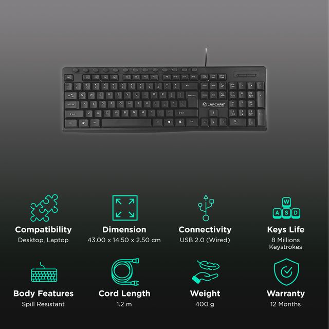 [Repacked]Lapcare E9 117 Keys USB Ergonomic Multimedia Wired Keyboard - SWIFT PERIPHERALSLKKBMU6289