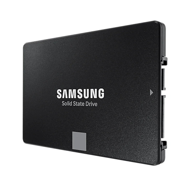 Samsung 2.5 inch SATA III internal SSD, black solid state drive closeup