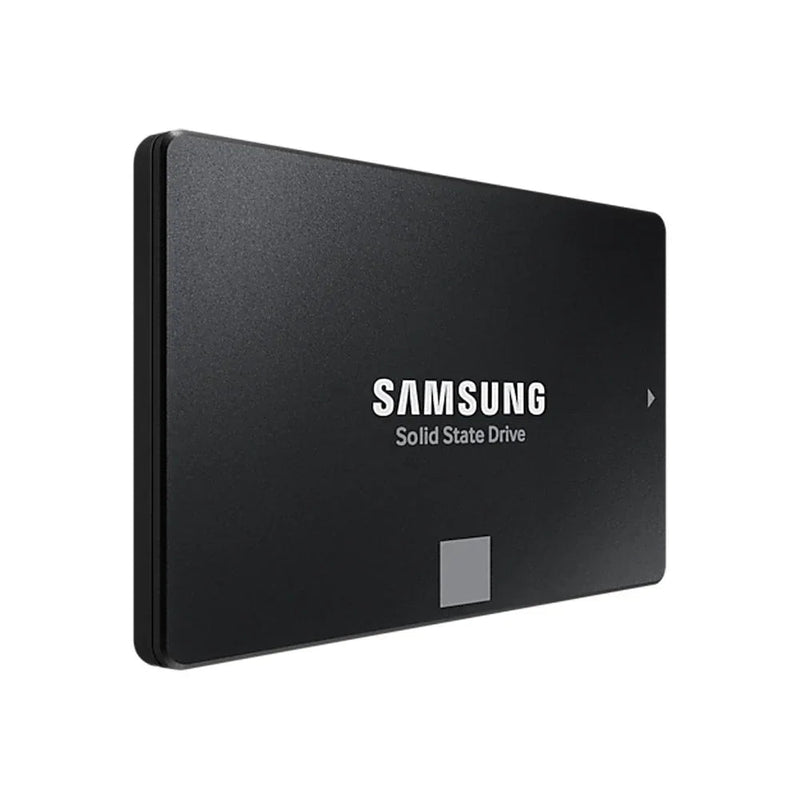 Samsung 2.5-inch SATA III internal solid state drive SSD, black, angled view