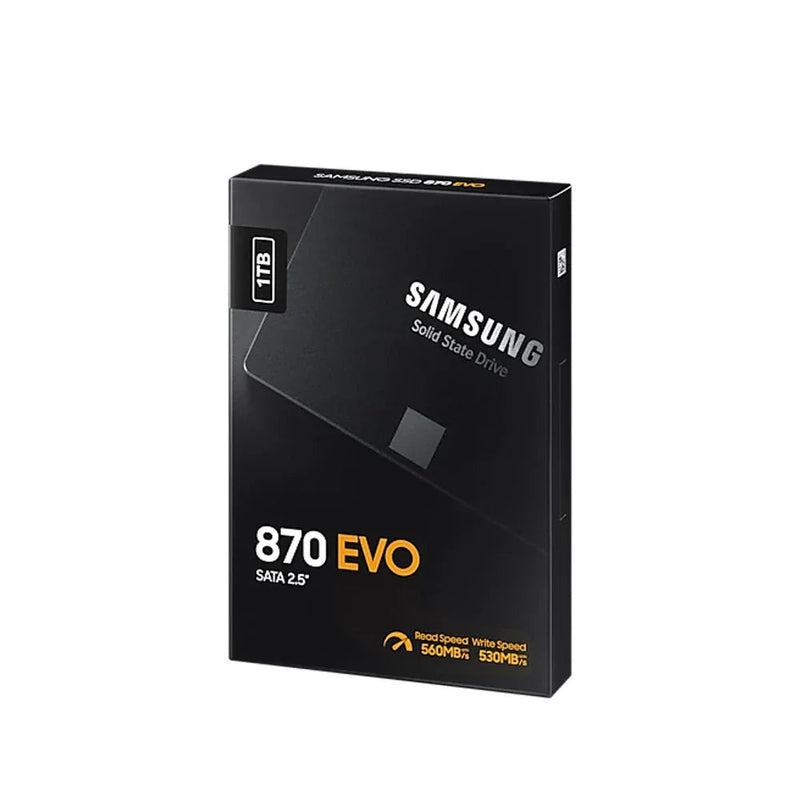 Samsung 870 EVO 1TB SATA 2.5 inch internal SSD retail packaging, black box.