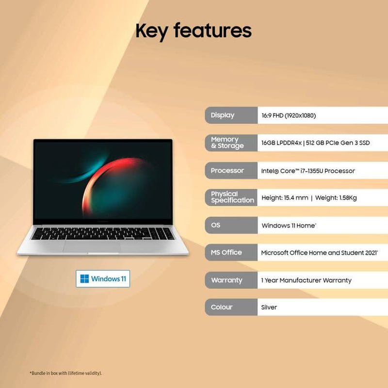 SAMSUNG GALAXY BOOK3 INTEL CORE I7 13TH GEN 1355U - (16 GB/512 GB SSD/WINDOWS 11 HOME) GALAXY BOOK3 THIN AND LIGHT LAPTOP (15.6 INCH, SILVER, 1.58 KG, WITH MS OFFICE) - SWIFT PERIPHERALSsamsung003