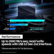 Black portable solid state drive with USB 3.2 Gen 2x2, up to 2000 MB/s read write speed