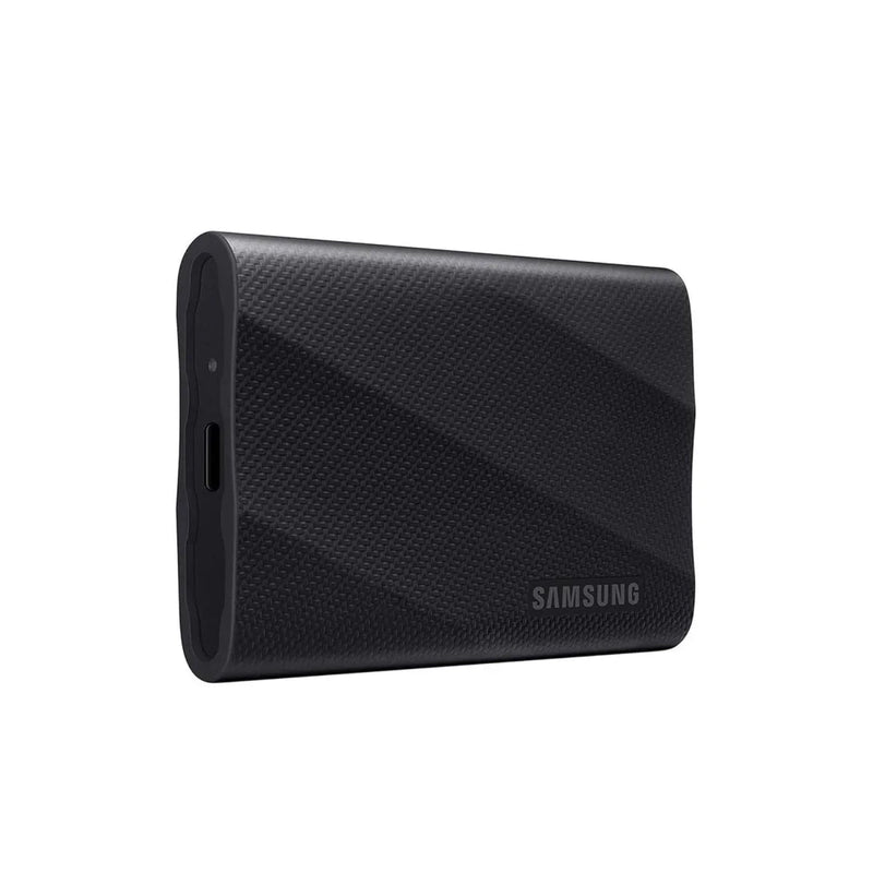 Black portable external SSD with textured surface and USB-C port