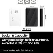 Samsung black portable SSD with 4TB capacity, compact USB 3.2 Gen2 external solid state drive