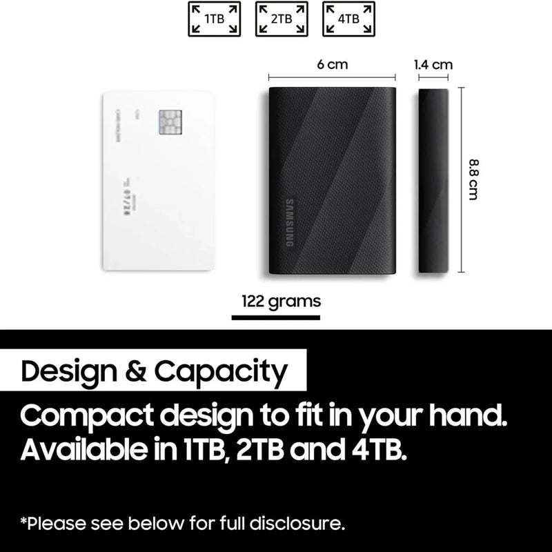 Samsung black portable SSD with 4TB capacity, compact USB 3.2 Gen2 external solid state drive