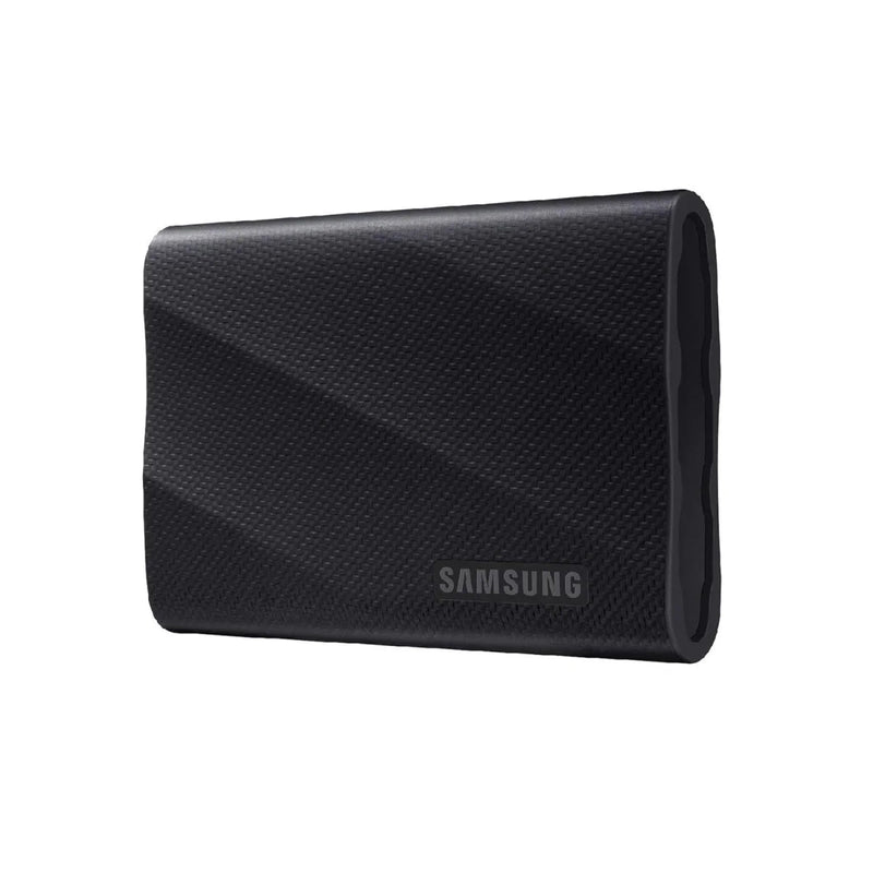 Black portable external solid state drive with textured surface