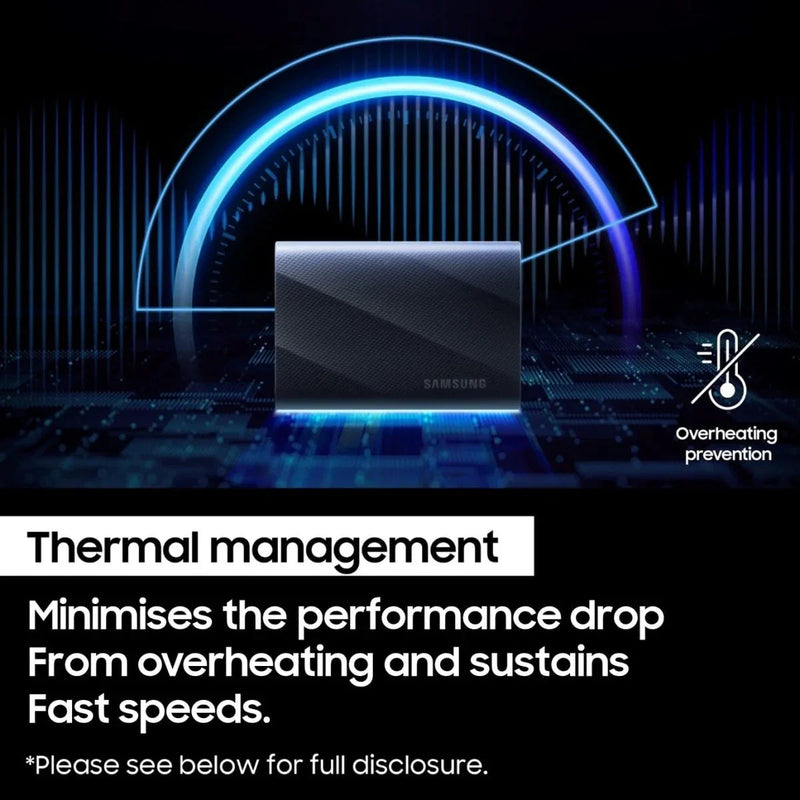 Black Samsung external portable SSD showcased with digital circuit background highlighting thermal management and overheating prevention.