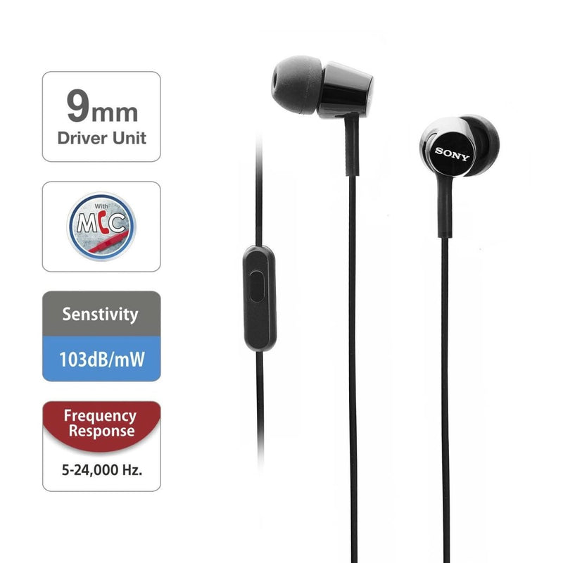 SONY MDR - EX155AP/BQ IN - EAR WIRED HEADPHONES WITH MIC (BLACK) - SWIFT PERIPHERALS1091383