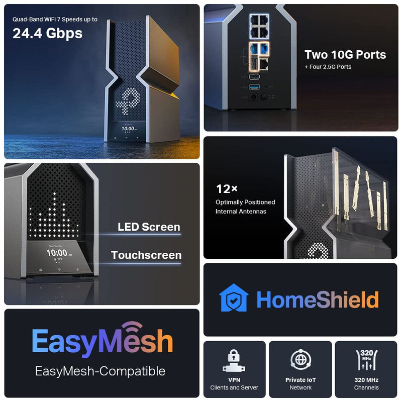 TP - Link Archer BE900 V2 BE24000 Quad - Band LED Screen Easy Mesh Wi - Fi 7 Router - SWIFT PERIPHERALSArcher BE900