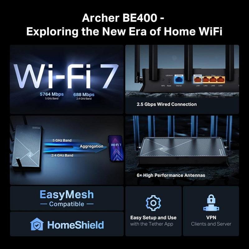 TP - Link BE6500 Archer BE400 Dual - Band Whole Home EasyMesh Wi - Fi 7 Router - SWIFT PERIPHERALSArcher BE400