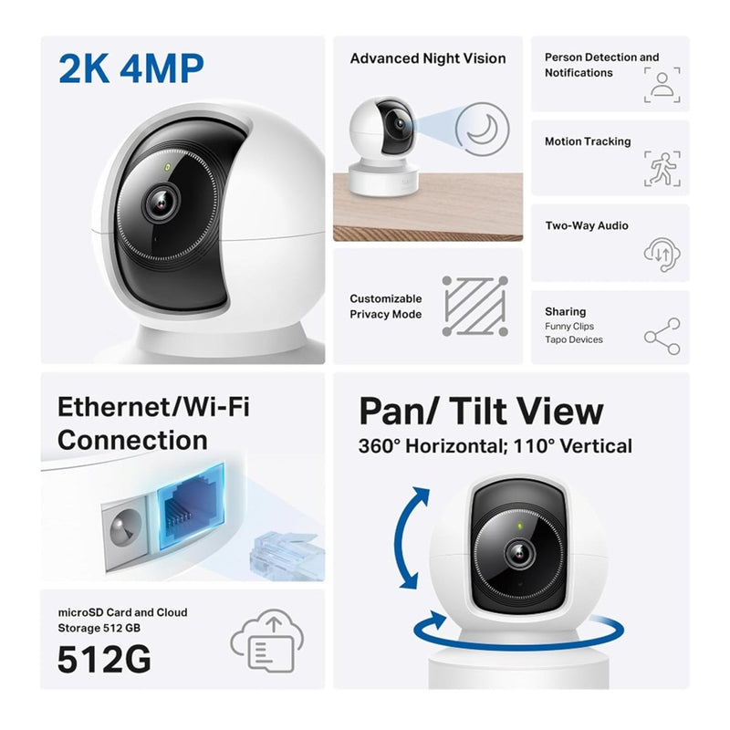 TP - Link Tapo C222 4MP 2K QHD 1440p Pan/Tilt AI Home Security Wi - Fi Camera - White - SWIFT PERIPHERALSTapo C222