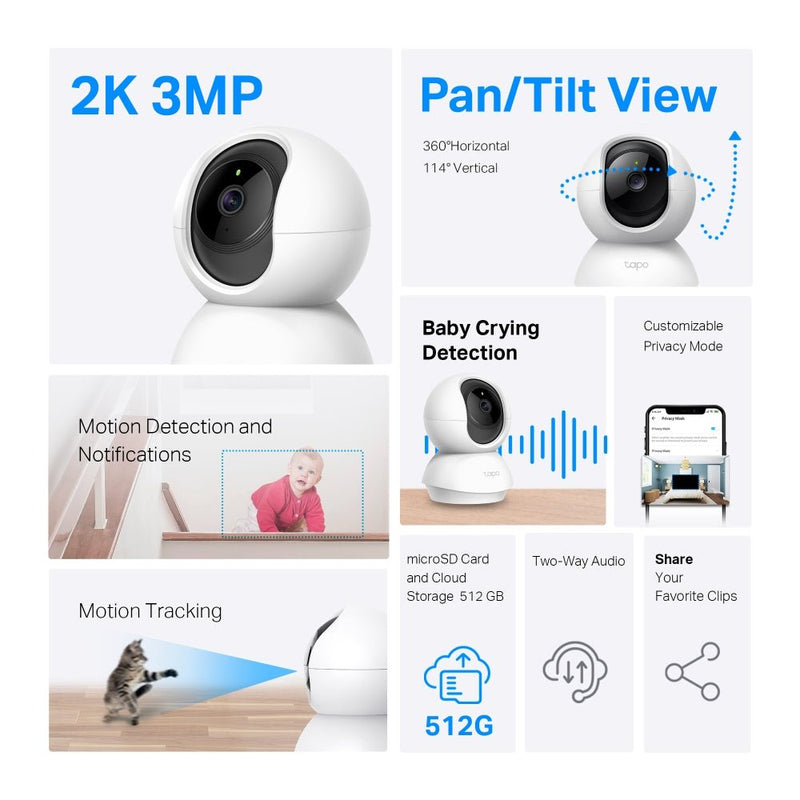 TP - Link Tapo TC71 3MP 2K QHD Pan/Tilt Home Security Wi - Fi Camera - White - SWIFT PERIPHERALSTapo TC71