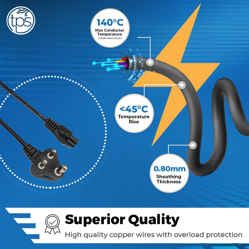 TPS Laptop Power Cable Cord 1.5 Meter 3 Pin Indian Plug C5 Connector BIS Certified - SWIFT PERIPHERALSTPS-LPC-S10-BI-BL-1
