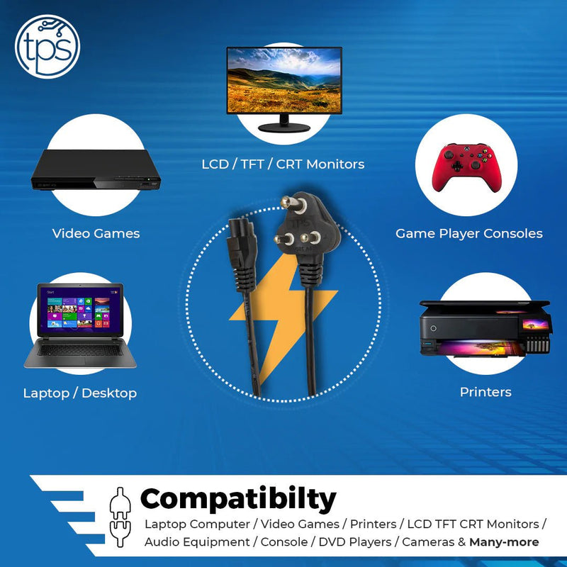 TPS Laptop Power Cable Cord 1.5 Meter 3 Pin Indian Plug C5 Connector BIS Certified - SWIFT PERIPHERALSTPS-LPC-S10-BI-BL-1