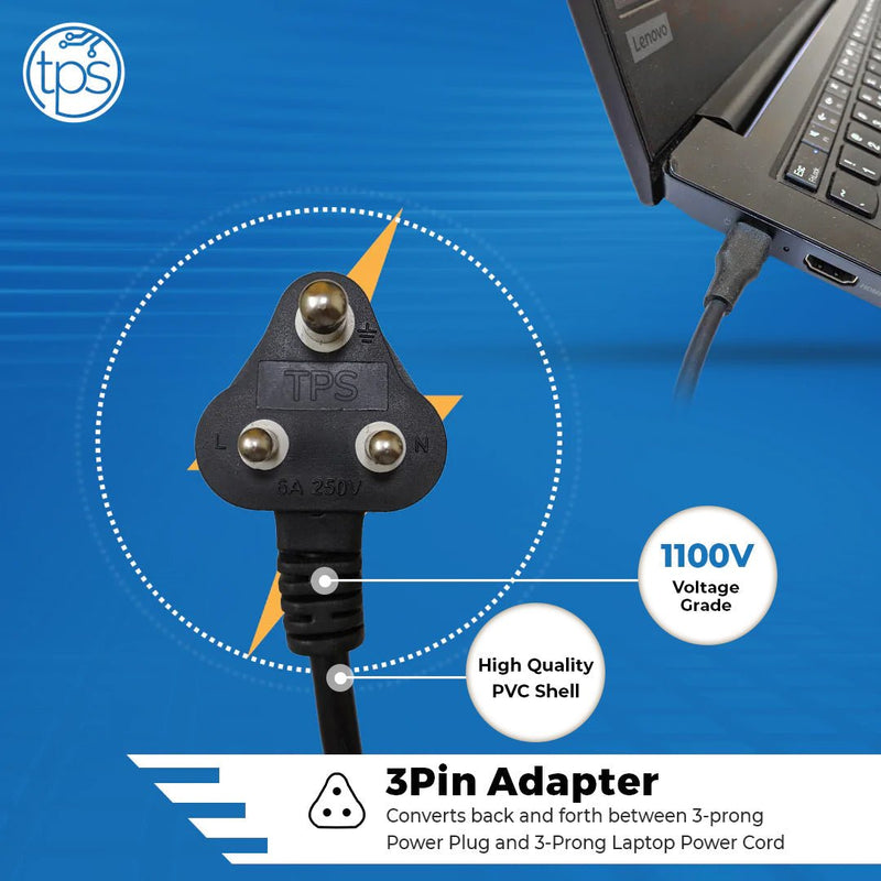 TPS Laptop Power Cable Cord 1.5 Meter 3 Pin Indian Plug C5 Connector BIS Certified - SWIFT PERIPHERALSTPS-LPC-S10-BI-BL-1